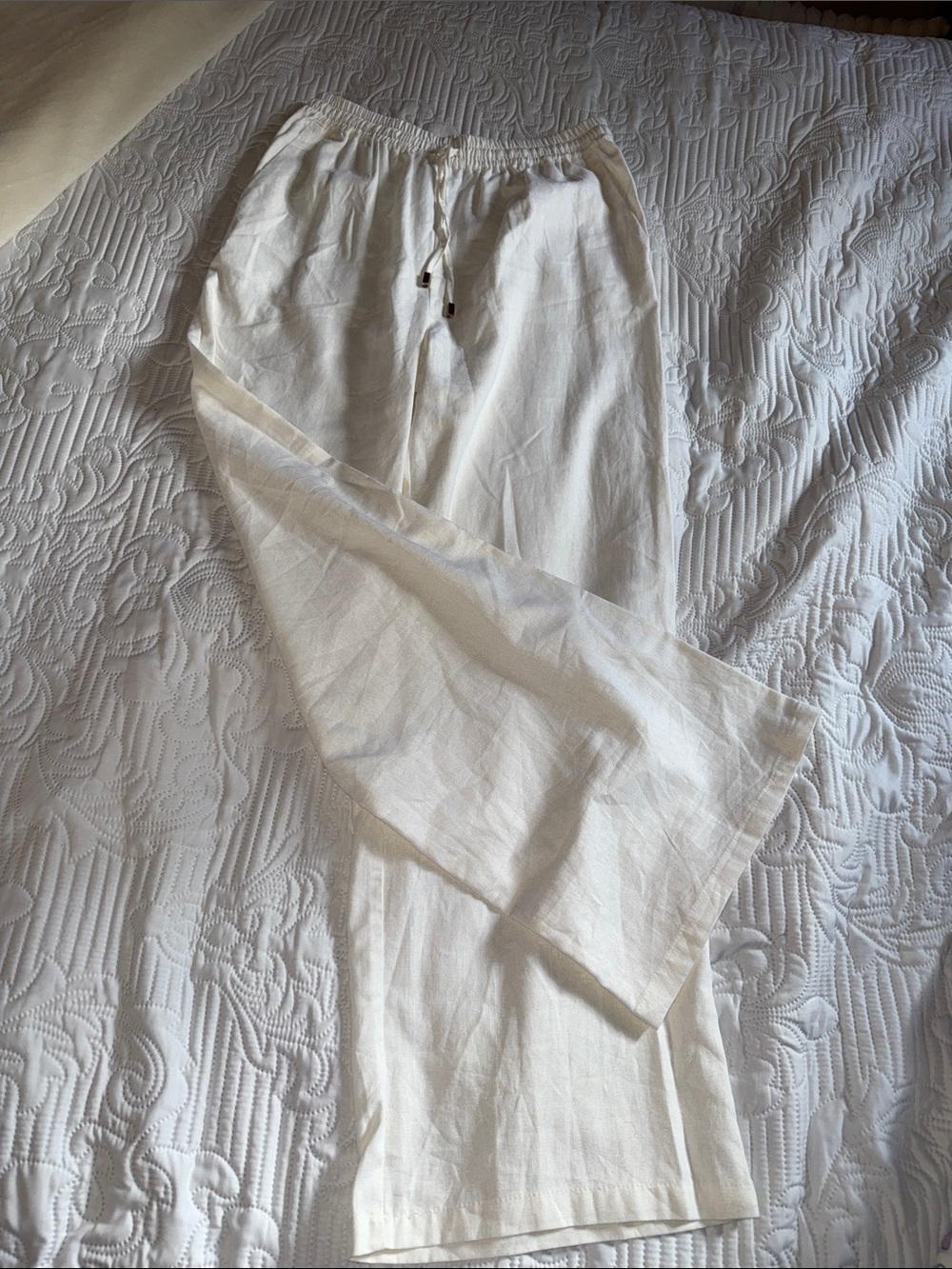 Love Tree Cream/white Wide-Leg Drawstring Linen Blend Pants